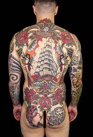 Lalaki anu pinuh ku kembang gaya tradisional sareng tato layar parahu layar pinuh deui, lalaki, jalu, lalaki, kapal layar, tradisional