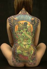 Pilnas užpakalinės žaliosios „ganesha“ dramblio dievo tatuiruotės modelis