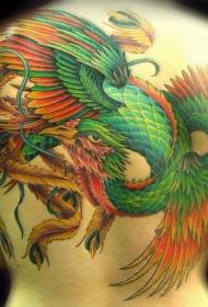 tattoo phoenix ສີຂຽວທີ່ສວຍງາມຢູ່ດ້ານຫລັງ