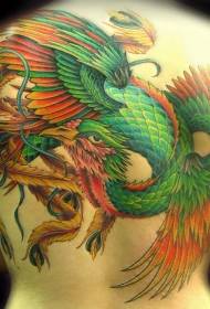 Bellissimo tatuaggio fenice verde sul retro