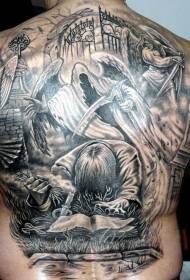Wielkie tatuaże spowiedzi i śmierci na plecach