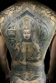 Črna in bela tetovaža Guanyin s polnim hrbtom prikazuje klasično osebnost