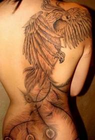Tytön selkä kaunis musta harmaa phoenix-tatuointikuvio
