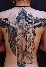 Női teljes hátsó kereszt angyal tetoválás