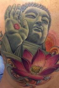 Patung Buddha anu warni sareng pola tato teratai dina tonggong