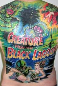 Full back color alien creature with letter tattoo