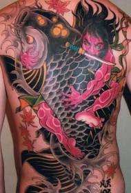 日式巨大的彩色锦鲤武士满背纹身图案