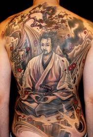 Пълен гръб японски модел самурай и червено цвете татуировка