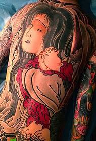 Puv rov qab classic Japanese style portrait tattoo