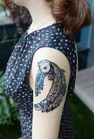 Nainen käsi muoti hyvännäköinen värikäs pöllö tatuointi kuvakuva
