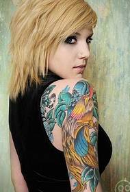 推荐一只女性手臂彩色鸚鵡紋身圖案圖片