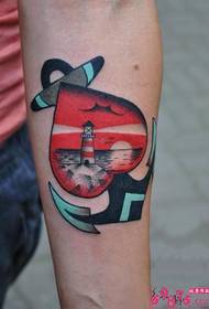 Kreatives rotes Herz-Anker-Leuchtturm-Arm-Tätowierungs-Bild