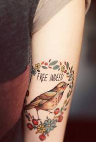 Pigens arm smukke søde fugl lille blomsterfarve tatoveringsbillede