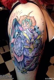 Modello di tatuaggio gufo rosa colorato braccio femminile
