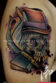Arm European and American color skull feather book tattoo works