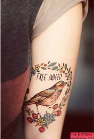 Dziewczyna ramię ptak mały kwiat kolor tatuaż wzór tatuażu