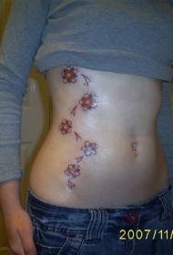 patrwm tatŵs blodau coch a phlanhigyn hardd ar yr abdomen