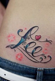 girl's belly with beautiful letters and five-pointed star tattoo