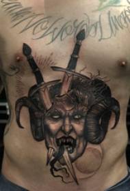 복부 문신 소년 배꼽 칼과 악마 문신 사진