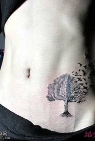 abdominal black tree bird tattoo pattern