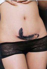 personal female Abdominal feather tattoo cover scar