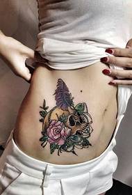 creative rose skull feather waist tattoo pattern