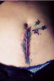 Cubrindo a cicatriz da cesárea con plumas e pequenas fotos de tatuaxes de traga