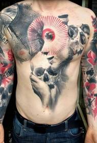 mellkasi koponya és reális nő portré tetoválás minta
