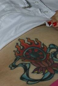 коремна синя панделка и пламък модел лотос татуировка