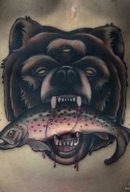 유럽과 미국의 복부 곰 머리와 물고기 문신 패턴