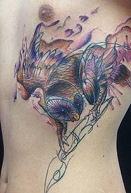 men's belly owl watercolor splash tattoo pattern