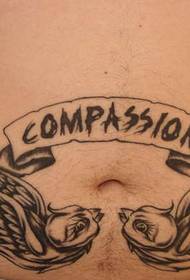 Abdomen Black and White Birds English Tattoo Pattern