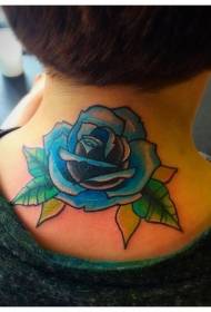 kaklo mėlynos rožės tatuiruotės modelis