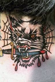 neck old school crazy wolf bloody dagger spider web tattoo pattern