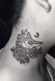 kaklo juodos linijos lapės mėnulio ir gėlių tatuiruotės modelis