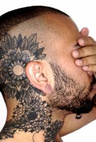 头部黑色各种花朵装饰纹身图案