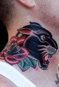 kaula vanha koulu musta pantteri ja punainen ruusu tatuointi malli