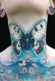 首の青い蝶のタトゥーパターン