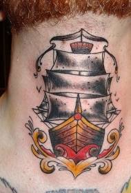 стар стил цветен моряшки кораб татуировка на врата
