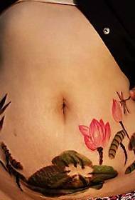 腹部の入れ墨のパターン：腹部の色の水墨画蓮の蓮の葉の入れ墨のパターン