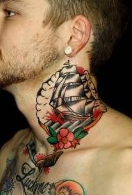 muški vrat stara škola Stilizirani brod u boji s cvjetnom tetovažom
