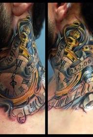 nyak modern hagyományos stílusú színes arany óra tetoválás 31938 - férfi nyak színű ház levél tetoválás minta