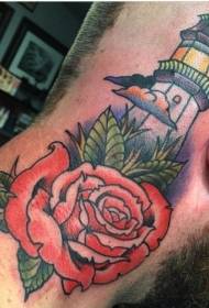 leeg old style color lighthouse na may rose tattoo
