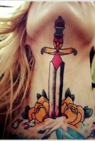 dievča krk schoo žlté ruže a dýka tetovanie vzor