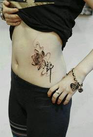 Girls belly beautiful and popular black and white lotus tattoo pattern