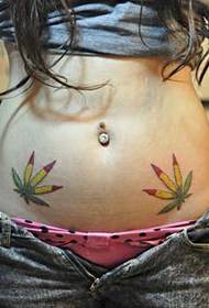 sieviešu bērna vēdera krāsains kļavas lapu tetovējums