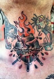 neck style old school color knife tied heart tattoo