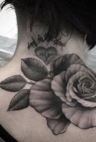 meninas atrás do pescoço ponto cinza preto espinho linha simples planta rosa tatuagem imagem
