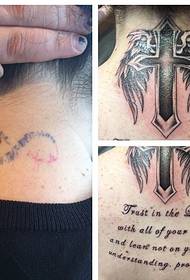 дівчина на спині шиї гарний англійські слова та крила хрест обкладинки татуювання фотографії