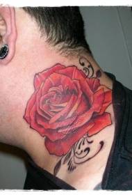disegno del tatuaggio colorato di rosa rossa sul collo